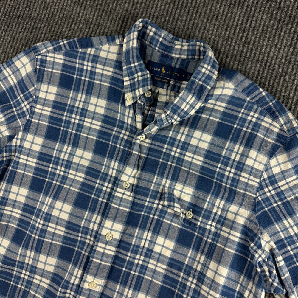 Ralph Lauren Mens Indigo‎ Oxford Blue White Plaid Short Sleeve Button Shirt L